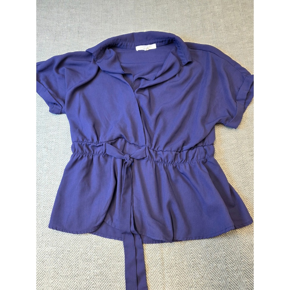 Sweet Rain Wrap Blouse Top Women's Large Purple Elastic Tie Waist Short Sleeve